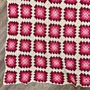 Handmade Crocheted Granny Square Afghan Throw Maroon Mauve Rose Pink & Tan